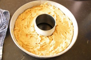 Carrot cake batter in pan