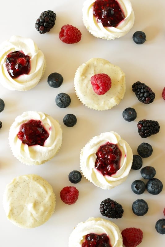 Cheesecake Cupcakes with Berries & Cream ~ Living on Cookies