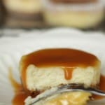 mini cheesecake on plate with dripping caramel sauce