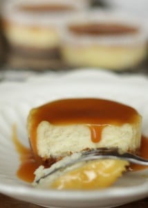 mini cheesecake on plate with dripping caramel sauce
