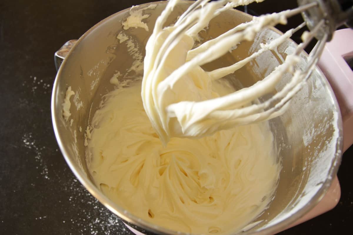 Cream Cheese Frosting Made from European Cream Cheese in mixer
