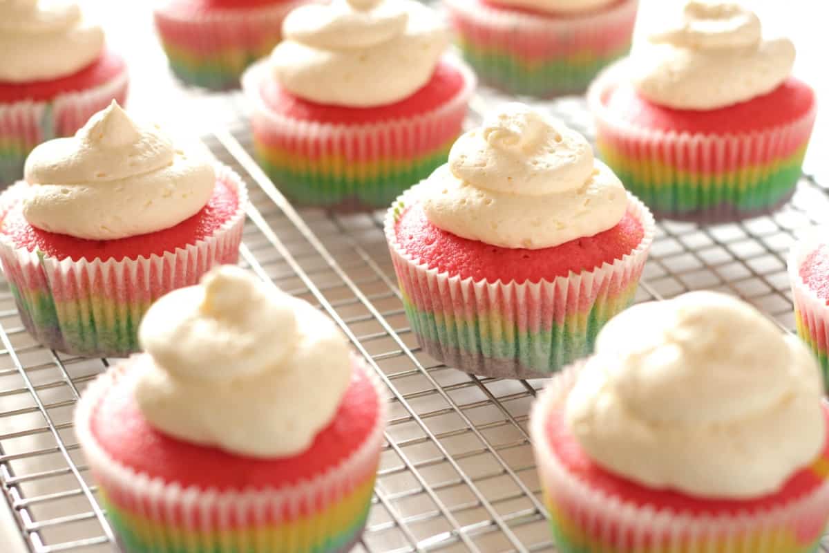 Rainbow Cupcakes with Fluffy Vanilla Frosting