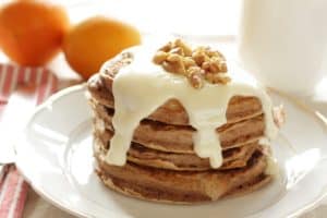 pancake stack with cream cheese glaze