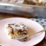 square of cinnamon swirl cake on plate