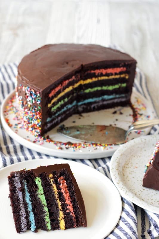 How to make a beautiful homemade chocolate cake with rainbow icing and chocolate ganache using simple, tried and true recipes, and including step-by-step instructions with photos. This is a rainbow cake for chocolate lovers!